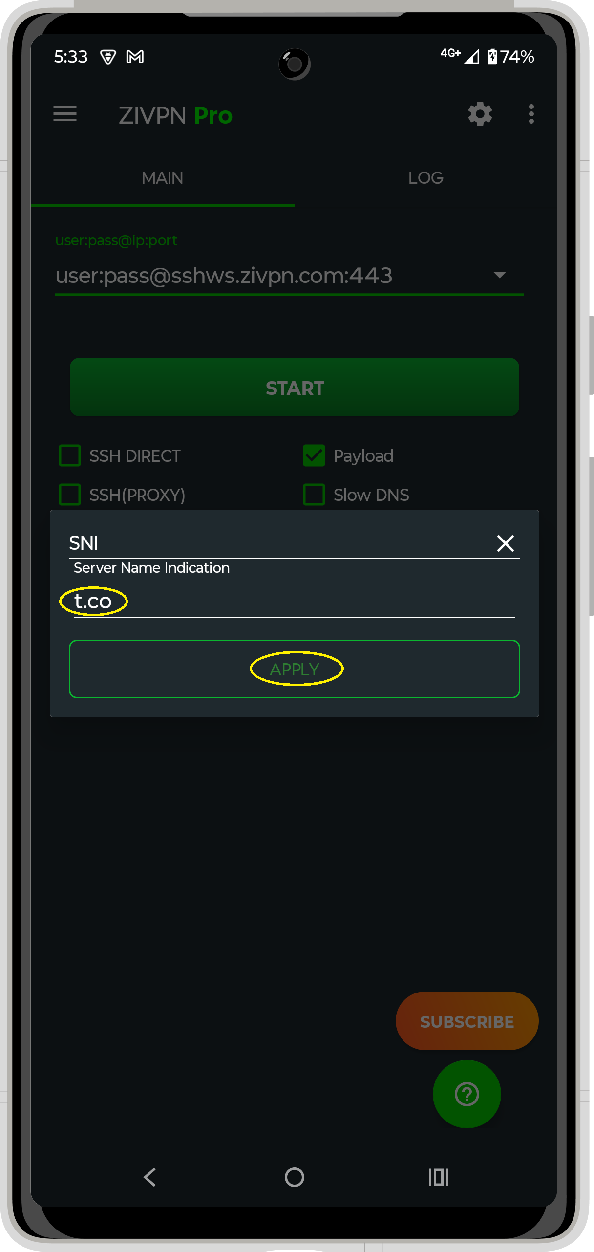 SSH SSL (SNI) + Payload Setup Step 3